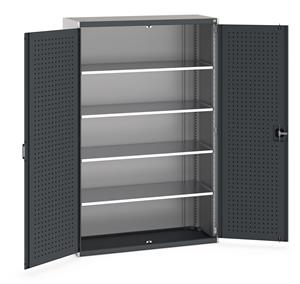 Heavy Duty Bott cubio cupboard with perfo panel lined hinged doors. 1300mm wide x 525mm deep x 2000mm high with 4 x160kg capacity shelves.... Bott Tool Storage Cupboards for workshops with Shelves and or Perfo Doors